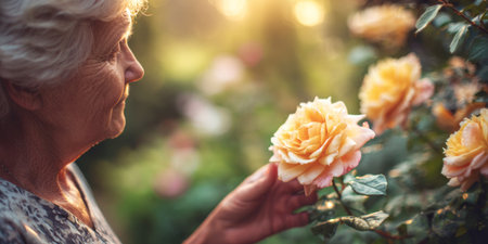 Elderly woman lovingly tending to a rose in her garden during the golden hour, reflecting on life experiencesの素材