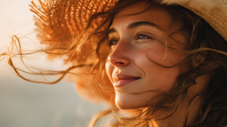 Elegant lady wearing a straw hat enjoys sunlight and soft wind while smiling naturally during a warm afternoon strollの素材
