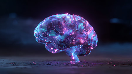 Digital brain composed of circuit patterns and glowing particles in vibrant neon huesの素材