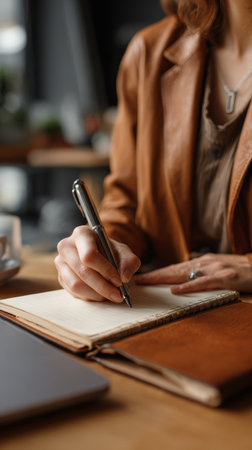 Elegant woman writes notes in leather-bound notebook at modern workspace during daylightの素材