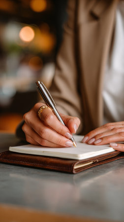 Elegant woman writing notes in a leather-bound notebook at a modern workspace during the dayの素材