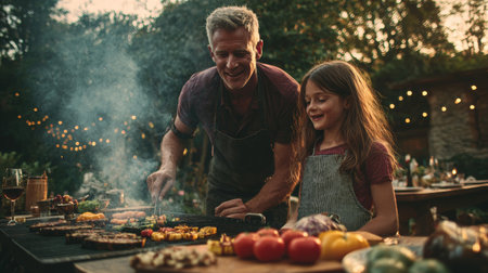 Father and daughter share a joyful moment grilling vegetables in backyard with barbecue smoke during a sunny eveningの素材