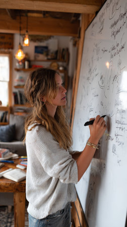 Female entrepreneur generating ideas on a whiteboard in a cozy home studio with natural decorの素材