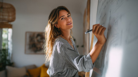 Female entrepreneur writes ideas on whiteboard in cozy home studio with natural decorの素材