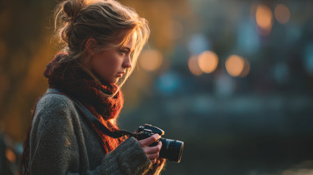 Female photographer captures moments outdoors in warm light during a golden hourの素材