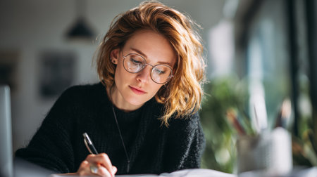 Focused woman using planner at minimalist desk in daylight for organized planning and goal settingの素材