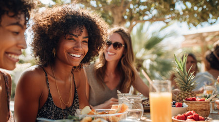 Friends enjoying a joyful brunch outdoors with fresh food and laughter on a sunny summer dayの素材