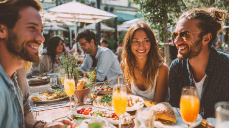 Friends enjoy a joyful brunch outdoors on a sunny summer day filled with laughter and fresh, delicious foodの素材