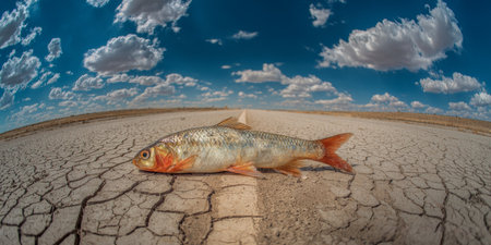Fish lies on cracked dry earth under a vast sky filled with clouds in an arid landscape at middayの素材