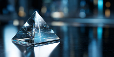 Glass pyramid on a reflective surface creates a stunning display of light and futuristic design in a modern business contextの素材