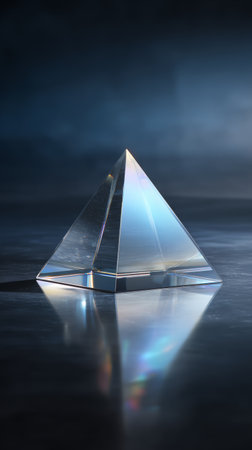 Futuristic glass pyramid on reflective table with light refraction creating modern business metaphorの素材