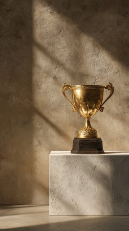 Golden trophy on a white podium illuminated by cinematic lighting in a studio environment featuring a textured backdropの素材
