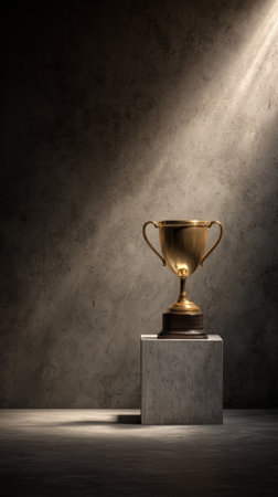 Gold trophy displayed on a white podium under cinematic lighting in a studio environmentの素材