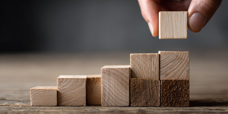 Building stability and growth through careful placement of wooden blocks in a balanced tower structureの素材