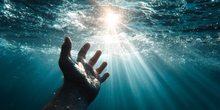 Hand reaching upward through water, illuminated by light rays, symbolizes rebirth and hope in an underwater settingの素材