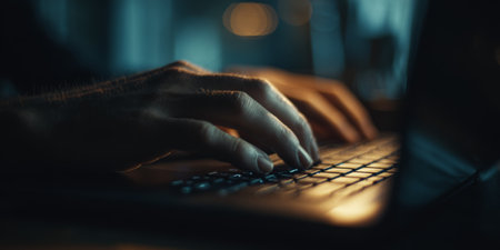 Hands finish work on a laptop in soft ambient lighting at the end of the dayの素材