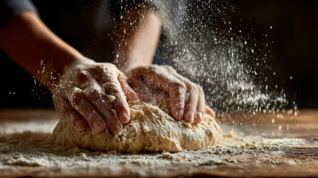 Hands kneading dough with flour dust in a natural light kitchen setting during afternoon timeの素材