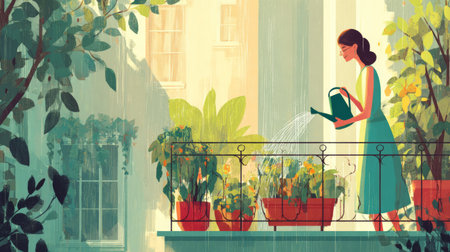 Happy woman watering balcony plants in morning sunlight, enjoying urban greenery and serene atmosphereの素材