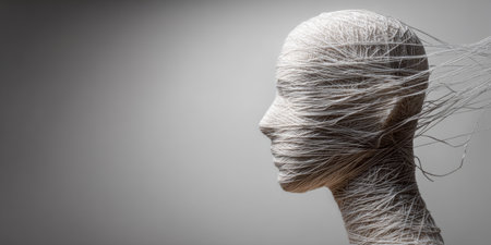 Head-shaped mannequin wrapped in thread symbolizes identity entanglement with minimal background for artistic clarityの素材