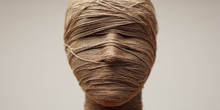 Head-shaped mannequin wrapped in thread represents identity entanglement and the complexities of self-perceptionの素材