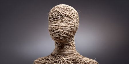 Head-shaped mannequin wrapped in thread symbolizes identity entanglement in a minimalistic settingの素材