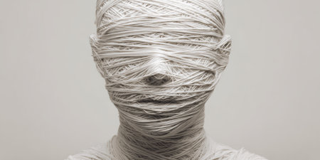 Head-shaped mannequin wrapped in thread explores identity entanglement in a minimalistic settingの素材