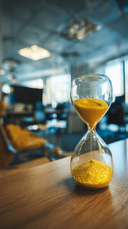 Hourglass with golden sand symbolizes time and achievement in a modern office settingの素材