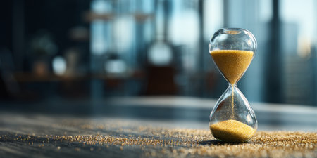Hourglass with golden sand symbolizes time and achievement in modern office setting focusing on depth and clarityの素材