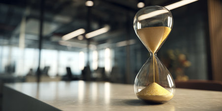 Hourglass with golden sand symbolizes time and achievement in a modern office settingの素材