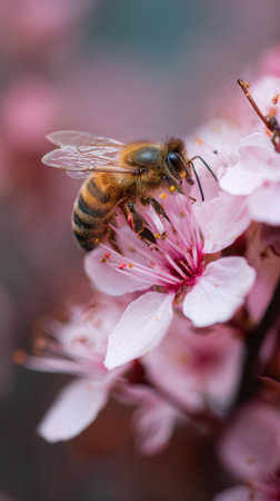 Bee pollinates cherry blossom in macro shot amidst soft natural background during springの素材