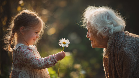 Little girl shares a daisy with her grandmother in a sunlit garden, showcasing joy and connection surrounded by natures beautyの素材