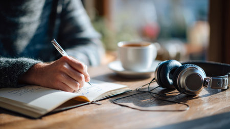 Motivational journaling routine with coffee and music in cozy morning settingの素材