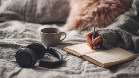 Morning routine of a man writing motivational quotes in journal with coffee and headphonesの素材