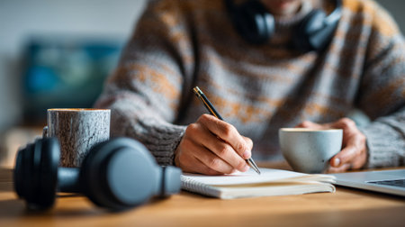 Morning routine with coffee, writing, and motivation in a cozy settingの素材