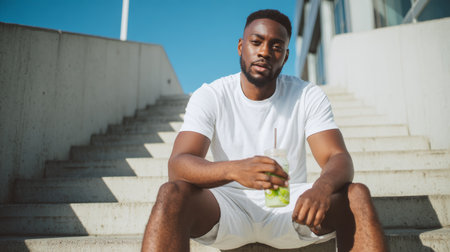 Man enjoys refreshing lemonade while relaxing on stairs in casual summer attireの素材