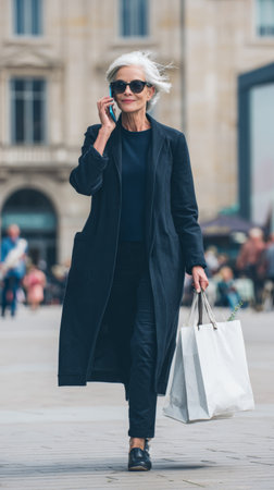 Mid-aged businesswoman enjoys a stroll through city square while talking on her phoneの素材