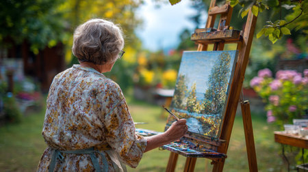 Mid-aged lady passionately painting a vibrant landscape in her backyard gardenの素材