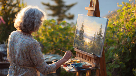 Mid-aged lady engaged in painting a vibrant landscape in her backyard, showcasing her love for art and nature during golden hourの素材