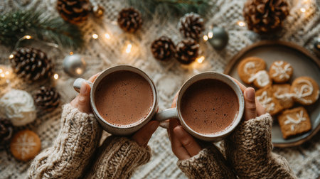 Cozy winter gathering with hot chocolate and festive treats on a decorated table with fairy lightsの素材