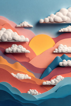 Layered paper cut landscape featuring mountains, clouds, and a vibrant sun in pastel colorsの素材