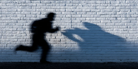 Person chasing shadow on a wall symbolizes pursuit of illusions in a city setting at sunsetの素材