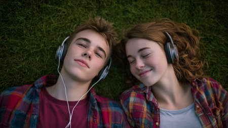 Teen siblings enjoy music together on a sunny lawn while sharing headphones and relaxing outdoorsの素材