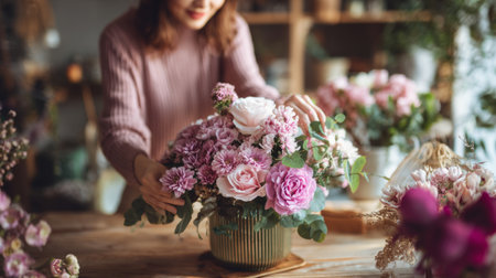 Woman arranges beautiful flowers in a vase on a wooden table during a relaxing weekendの素材