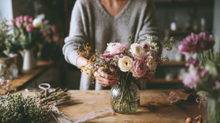 Woman arranging a bouquet of flowers in a glass vase on a wooden table during a relaxed weekend at homeの素材
