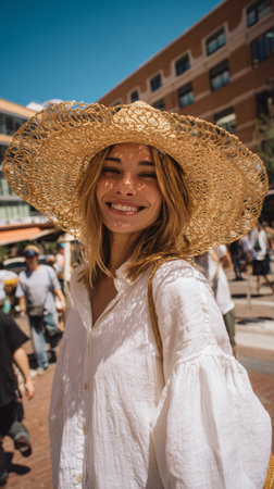 Smiling woman in oversized linen shirt and straw hat enjoys a vibrant street atmosphere on a sunny dayの素材
