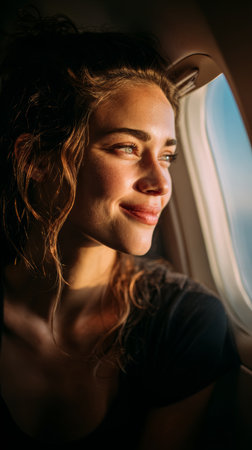 Woman enjoys peaceful travel moment while gazing out airplane window bathed in soft morning lightの素材