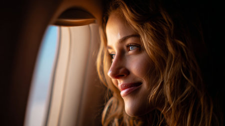 Woman gazes out airplane window with soft smile in morning light, capturing the essence of travel and adventureの素材