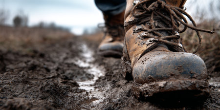 Worn hiking boots navigating a muddy trail, capturing the spirit of journey and resilience amid natures challengesの素材