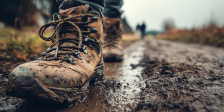 Worn hiking boots on a muddy trail symbolizing journey and resilience in a natural settingの素材