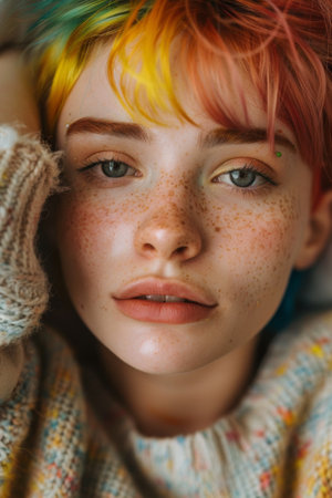 Young person with colorful hair poses closely for a casual and relaxed portrait in a cozy indoor settingの素材